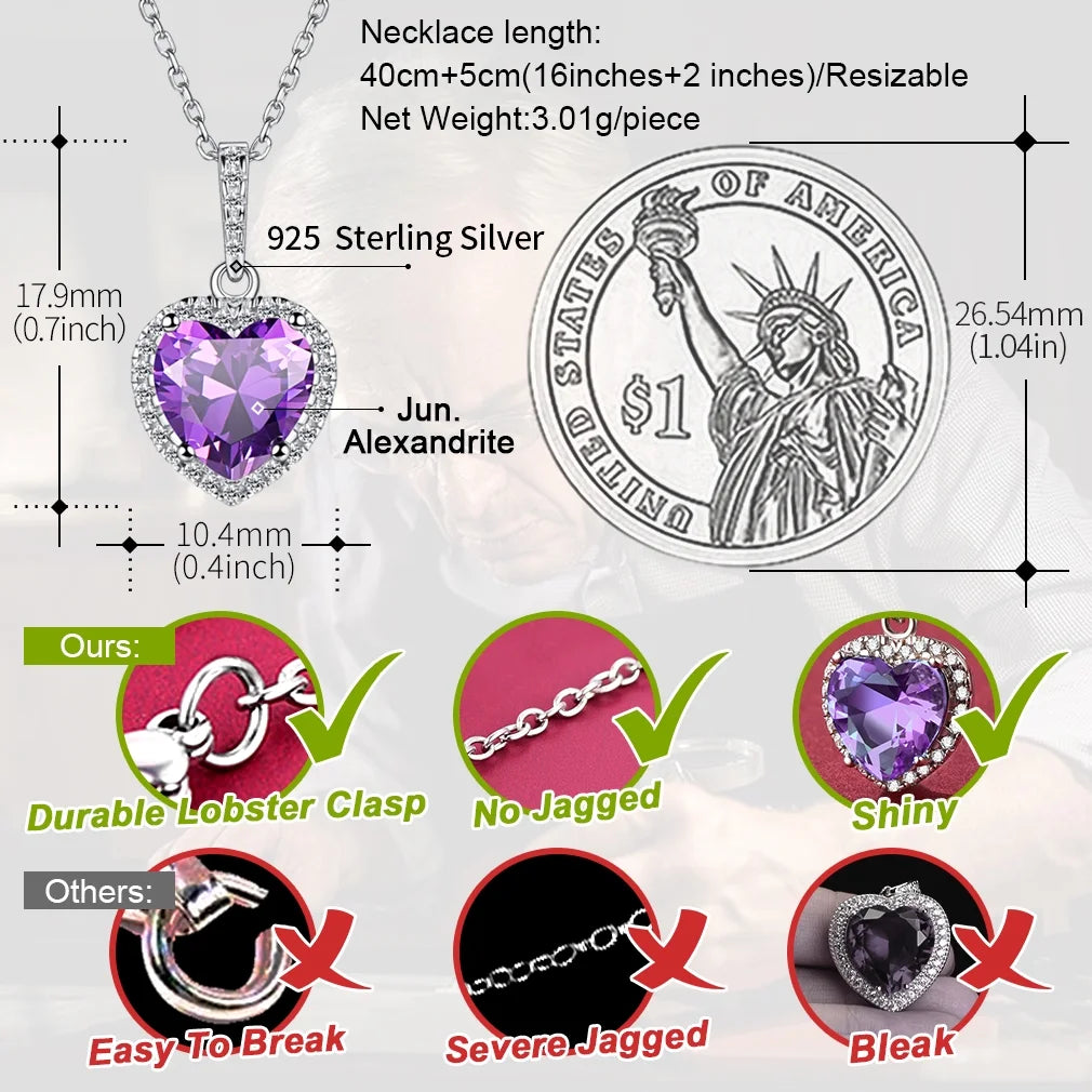 June Birthstone Heart Necklace for Women Sparkling Diamond 925 Sterling Silver Pendant Necklace Birthday Valentine'S Day Jewelry Gift